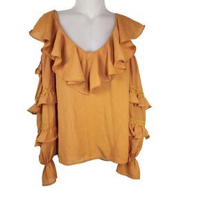A Calin Flying Tomato Womens Top Small V Neck Ruffles Cold Shoulder Mustard Poly